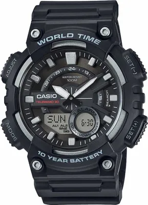 A close-up, front-facing view of a black Casio digital-analog watch with a dark gray face and silver accents.