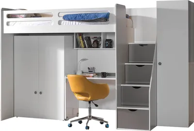 Produktbild von Hochbett SMART Kleiderschrank und Tisch : Grau mit Schrank Farbe: Grau Schrank: mit Schrank