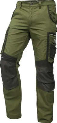 A pair of green work pants with black accents and pockets.