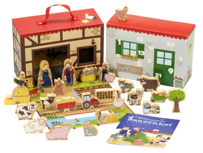 Produktbild von yoamo Bauernhof Adventskalender für Kinder mit 24 Holzfiguren, hochwertigem Spielkoffer und weihnachtlicher Tier-Geschichte, mehrfarbig, 27-teilig (1 Set)