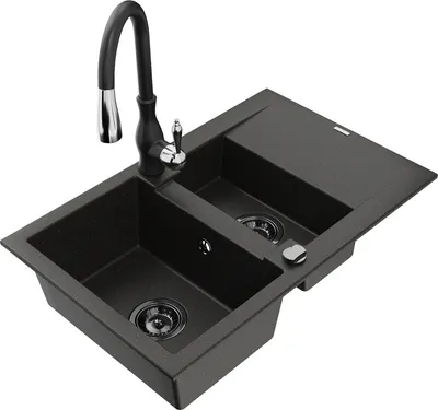 Produktbild von Mexen Gaspar 1,5-Becken-Granitspüle mit Abtropffläche und Mischbatterie Savita, Schwarz/Gold - 6507-75-672601-70-B