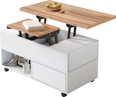 Produktbild von Couchtisch mit 4 Rollen,multifunktionaler Wohnzimmertisch mit 4 Schubladen, anhebbarer Kaffeetish, höhenverstellbar Sofatisch, Esstisch mit Stauraum