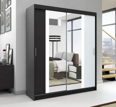 Productafbeelding van Schuifdeurenkast, 2-deurs, garderobekast met spiegel, model BRUNI 120. Kleur: zwart/zwart/wit