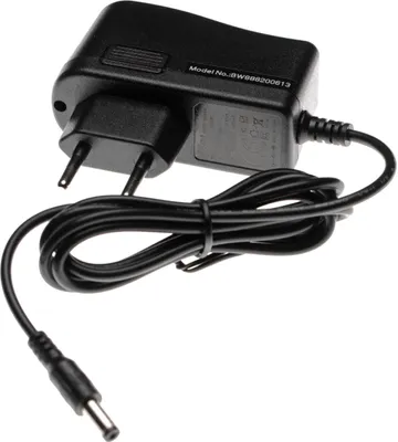 A black power adapter with a cord and plug.