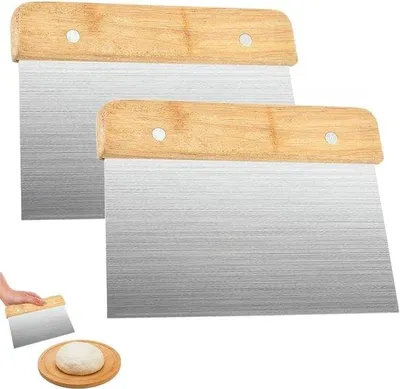 Image de Lame à pâte professionnelle en acier, lot de 2, manche en bois, lame à pâte professionnelle, coupe précise, ustensile de cuisine, couteau de cuisine, lame à pâte pour pizza, pain, gâteaux - 15 x 11 cm.
