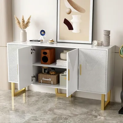 Image de MODFU Buffet Design vec 4 Portes et Poignées Dorées, Étagères Ajustables - Blanc - MDF - 150x40x82 cm