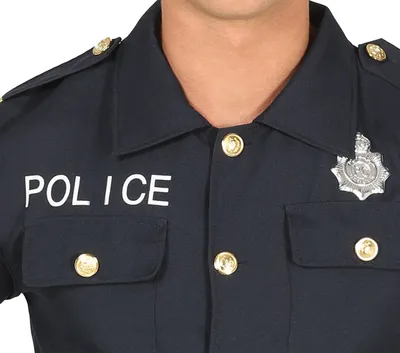 Close-up of a person wearing a dark blue police uniform shirt.