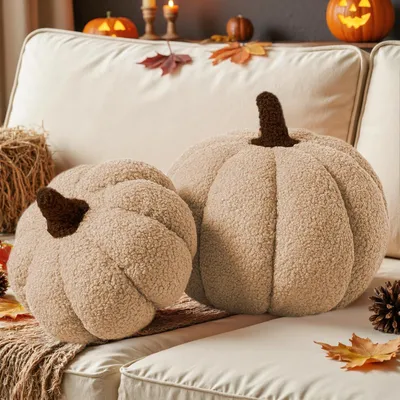 Produktbild von Lanpn 2 Stück Herbst kürbis Kissen, Halloween Deko Plüsch Kürbis dekokissen Plüschiges 3D Kürbisoptik Kürbiskissen für Thanksgiving Schlafzimmer Sofa