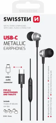 Zdjęcie produktu dla Swissten Słuchawki z przewodem 1,2m USB-C Douszne Dokanałowe z mikrofonem