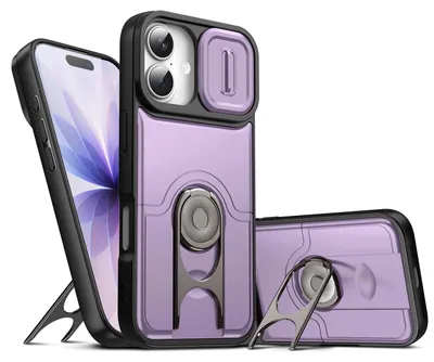 Image de Coque pour iPhone 16 Plus avec protection pour l'appareil photo et anneau-support, coque hybride antichoc, violette