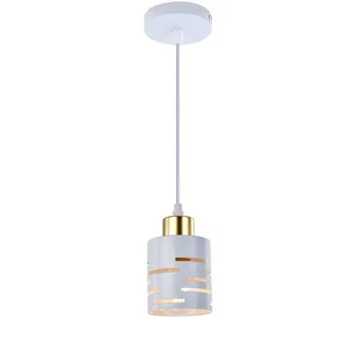 A white and gold pendant light fixture against a white background.