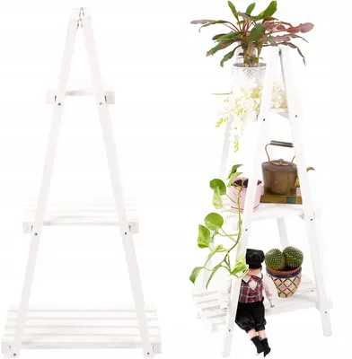 Image de Étagère en échelle ECODECO pour jardinière surélevée de balcon | Étagère en escalier pour fleurs, d'extérieur, d'intérieur, de terrasse ou de balcon | Jardinières surélevées pour le jardin, étagère verticale avec 3 niveaux | Blanc