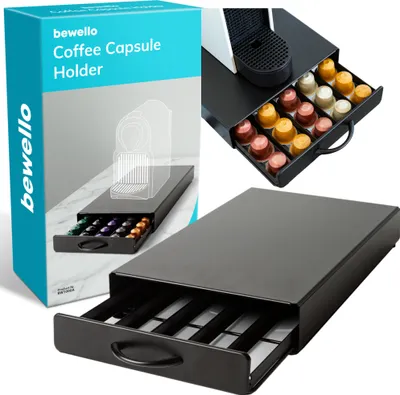 Produktbild von Kapselhalter mit Schublade Nespresso – Tassenhalter für 50 Kaffeekapseln – Kapselhalter – Edelstahl – Schwarz – 365 x 214 x 60 mm