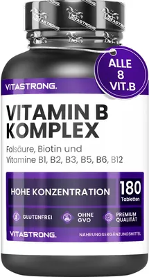 Produktbild von Vitamin B Komplex Hochdosiert Vitastrong, 1 Tablette pro Tag, 180 Tabletten Vitamine B-Gruppe Biotin, Thiamin Vitamin B1, Riboflavin B2, B3 Niacin, B5 Pantothensäure, Vitamin B6 B12 Folsäure