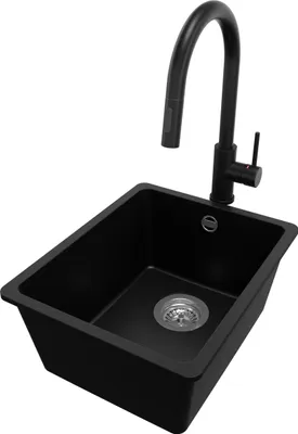 Produktbild von PRIMAGRAN Unterbauspüle Granit Schwarz 36x44cm, Spülbecken 1 Becken + Küchenarmatur 40x20cm + Ablauf-Set, Granitspüle ab 40er Unterschrank - Venedig Easy