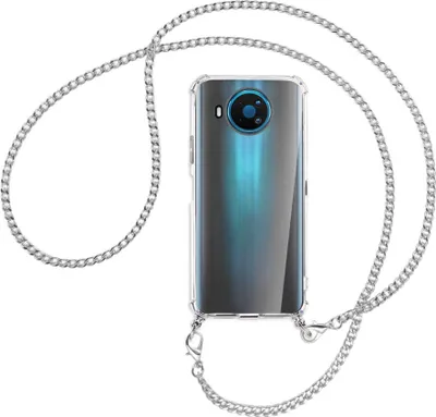 Produktbild von Handykette Backcover-Schutzhülle mit Band (Metall silberfarben) für Nokia 8.3 5G - silberfarbene Kette