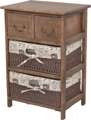 A wooden cabinet with two drawers and two woven baskets with fabric liners.