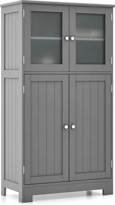 Produktbild von Badezimmerschrank mit 4 Türen, 3 Ebenen, verstellbare Ablage, Holzkommode für Toilette, Eingang, Wohnzimmer und Küche, 60 x 30 x 109 cm (Grau)