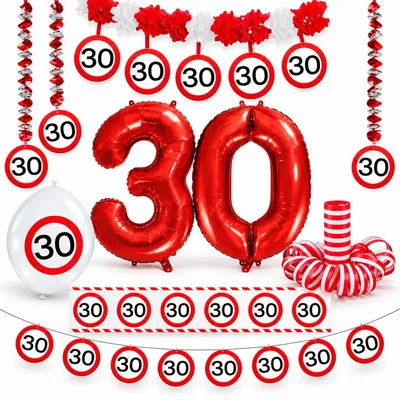 Produktbild von 30. Geburtstag Verkehrsschild Geburtstagsdeko Partyset Party Deko Set rot weiss Dekoration Zahl Frau Mann