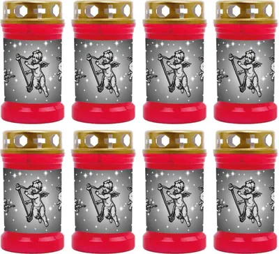 Obrázek produktu pro Hrobová svíčka červená, balení 8 ks, doba hoření: 40 hodin ( na svíčku ), motiv: anděl