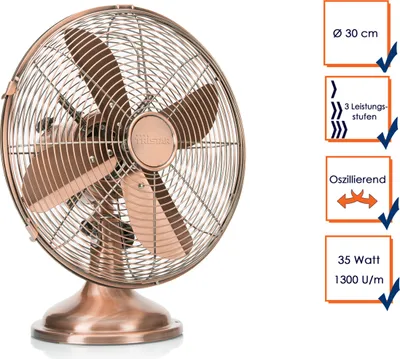 Produktbild von Tristar VE-5970 Retro Ventilator, Haushalts-Lamellenlüfter, Kupfer, Tisch, 58,6 dB, 1300 RPM, 30 cm