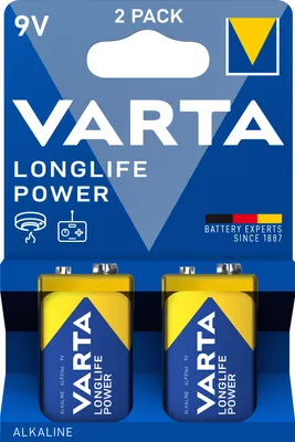 Obrázek produktu pro Varta 4922121412, Baterie na jedno použití, Oxid zinečnatý a manganatý (Zn/MnO2), 9 V, 2 kusů, Vícebarevný, 48,5 mm