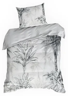 Image de EUROFIRANY | Linge de lit - Ensemble housse de couette - blanc - gris - 140 x 200 cm - 100 % coton - Taie d'oreiller - Motif à feuilles