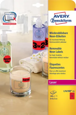 Obrázek produktu pro Avery Zweckform® L7670R-25 L7670R-25 Etikety ve speciálních barvách, Ø 63,5 mm, 25 listů/300 etiket, neonově červená barva