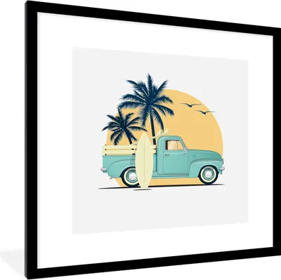 Produktbild von MuchoWow® MuchoWow® Gerahmtes Poster Bus - Sonne - Surfbrett - Palme 40x40 cm - Poster mit zchwarzem Bilderrahmen - Poster - Plakat im Rahmen