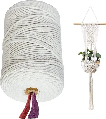 Produktbild von Makramee Garn 3mm x 300m, 100% natürliche Baumwolle , Baumwollseil Baumwollgarn, superweiches Garn für DIY Basteleien , Pflanzen - Hängekörbe, Wandteppiche, Stricken, Wanddekoration und recycelbar
