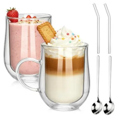 Immagine prodotto di Bicchieri per caffè Latte Macchiato, a doppia parete, 480 ml, set da 2, in vetro borosilicato soffiato a mano