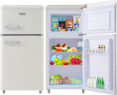 A retro-style refrigerator with its door open, showcasing its contents.
