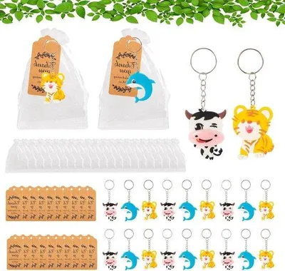 Produktbild von Bunte Mini-Schlüsselanhänger-Set mit weißen Tüllbeuteln