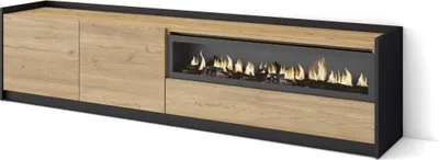 Image de Meuble TV, Banc Télé, Grand espace de Rangement, 207x37x50cm, Pour les TV jusqu'à 80", Cheminée électrique, Chêne et noir
