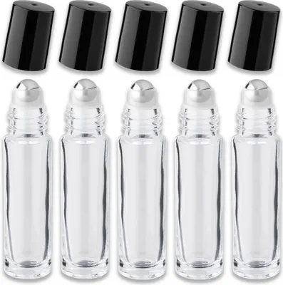 Produktbild von 5x Farblose Glasflasche 10 ml Roll-On mit schwarzem Schraubverschluss