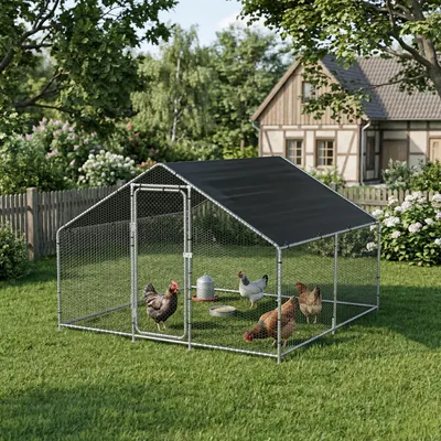 Obrázek produktu pro Volný výběh „Wels“ se sluneční stříškou z ocelového pletiva, rozměry 3 x 3 x 2 m, stříbrná / tmavě zelená