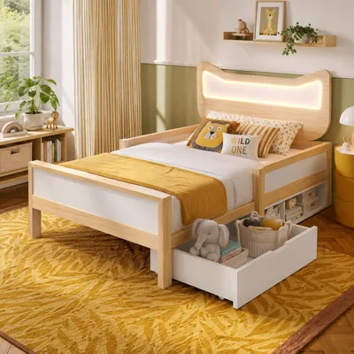 Image de Lit bébé 90x200 cm avec tête de lit en forme de chat, éclairage LED RGB, sommier à lattes, tiroir et compartiment de rangement, montage possible à gauche ou à droite, barrière de sécurité, blanc/chêne