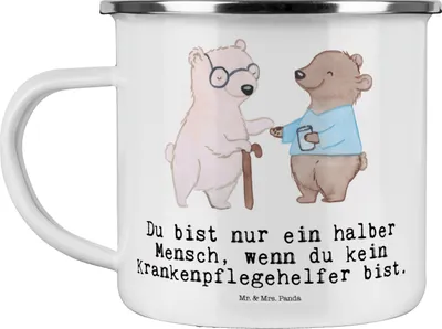 Produktbild von Mr. & Mrs. Panda Emaille Becher Krankenpflegehelfer Herz - Weiß - Geschenk, Ausbildung, Spruch, Tasse, Lustig, Beruf, Teetasse, Kaffeepott, Pflegekraft, Pott, Haferl
