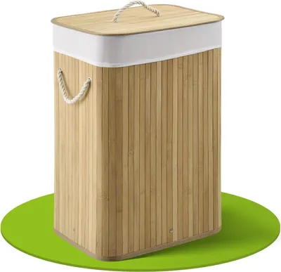Produktbild von Juskys Bambus Wäschekorb Curly 72 Liter mit Wäschesack, Deckel & Griffen - Natur