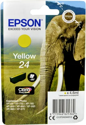Obrázok produktu pre Epson Elephant Jednofarebný atrament Claria Photo HD 24 slon Yellow, Štandardná výťažnosť, Žltá, Atrament na pigmentovej báze, 4,6 ml, 1 kusov, 360 strany