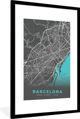 Produktbild von MuchoWow® Gerahmtes Poster Barcelona - Blau - Karte - Stadtplan 60x90 cm - Poster mit Schwarzem Bilderrahmen Wandposter Rahmen Foto Bilder - Dekoration - Wandposter Wohnzimmer - Hochwertig