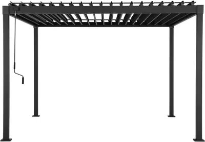 A black metal pergola with adjustable louvers is shown against a white background.