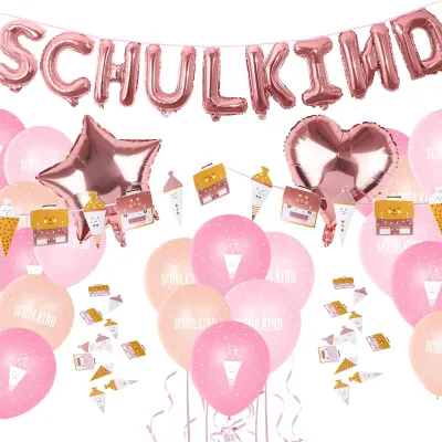 Produktbild von Dekorationen Ballons Girlande Aufkleber Schulanfang Set 49-teilig Rosa