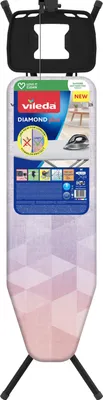 A Vileda ironing board with packaging and product details.