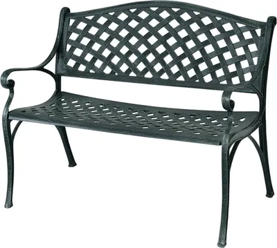 A dark gray metal garden bench with a lattice design on the back and seat, shown against a white background.