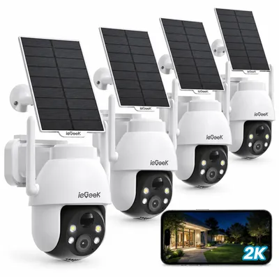 Zdjęcie produktu dla 4 sztuki, 2K, 3MP, solarna kamera monitoringu zewnętrznego, 360° PTZ, kamera z akumulatorem, 2.4GHz, bezprzewodowa, czujnik ruchu PIR, kolorowy obraz w nocy, dwukierunkowy dźwięk