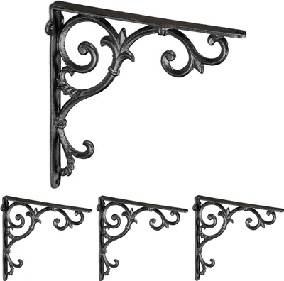 Image de Supports d'étagères Relaxdays, lot de 4, fonte, supports d'étagères de style antique, supports d'étagères, H x l x P : 24,5 x 4 x 24,5 cm, noir