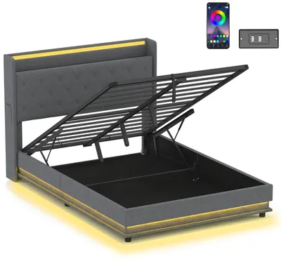 Produktbild von Bettgestell 140 x 200 cm mit Kopf- und Fußteil, Plattformbett mit hydraulischem Stauraum, LED-Lichtern