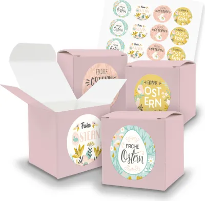 Produktbild von 24x Würfel 6,5 cm rosa mit Sticker Frohe Ostern Mix pastell (Motiv 217)