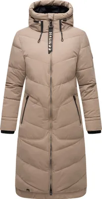 Produktbild von Marikoo Damen Winterjacke Langer veganer Jacke Parka Warm Stepp Mantel mit gefütterte Kapuze und hochschließender Kragen Benikoo Taupe Grey Gr: 40 - L
